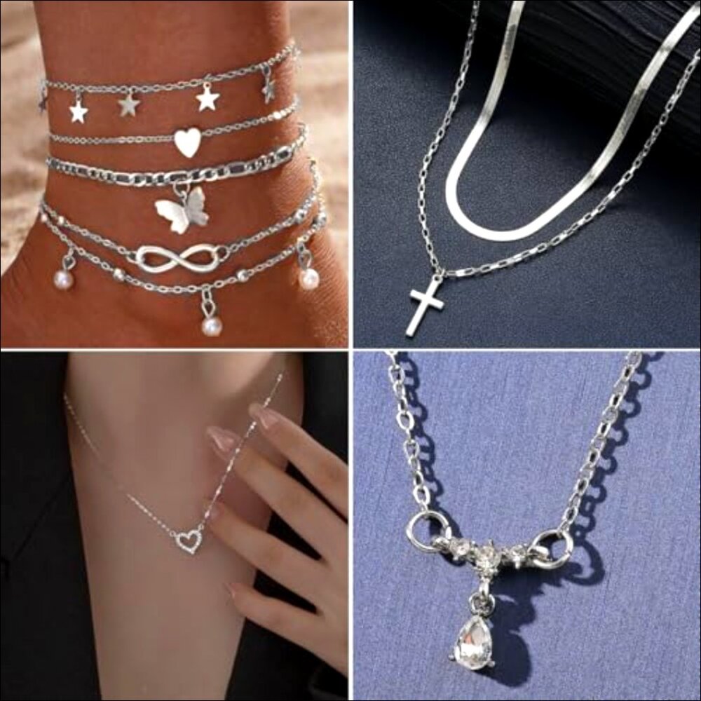 Silver Plated Jewelry Set with Adjustable Necklaces Bracelets Earrings Rings - Picture 2 of 7